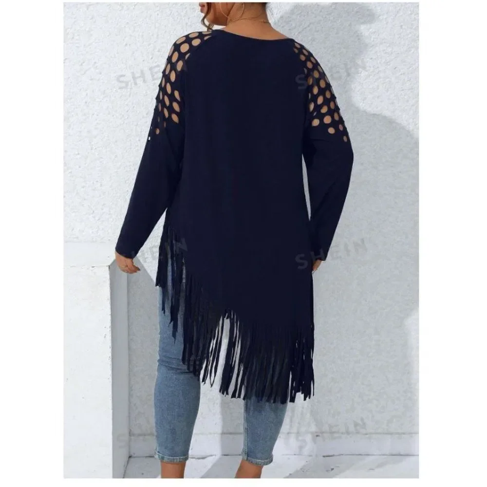SHEIN LUNE Plus Cut Out Shoulder Fringe Hem Tee, 2XL - Picture 2 of 5